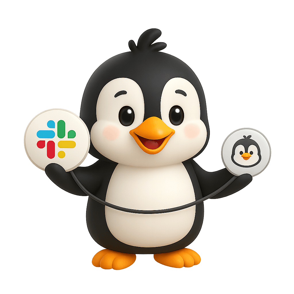 Pengo holding a Slack logo bubble in one hand and penguin in another, connecting them with a wire