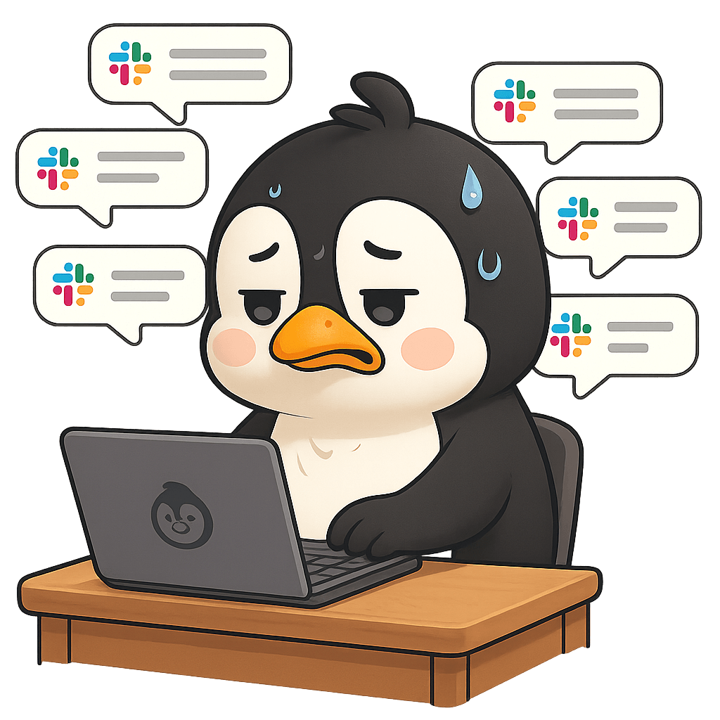 Pengo sitting at a desk surrounded by too many Slack message